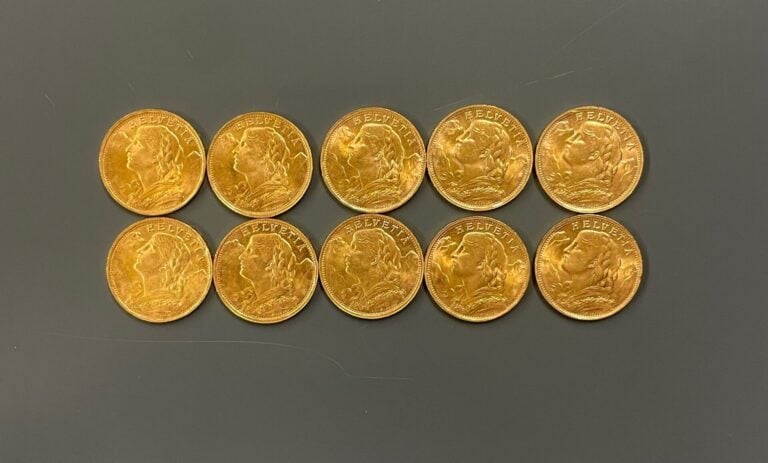 SUISSE - 8 pièces de 20 francs or Helvetia - Poids total : 51.4 g
