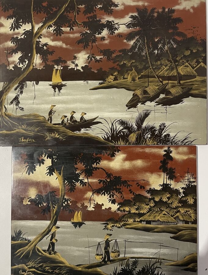 THANH SON - Ensemble de deux panneaux de laque représentant deux paysages lacus…