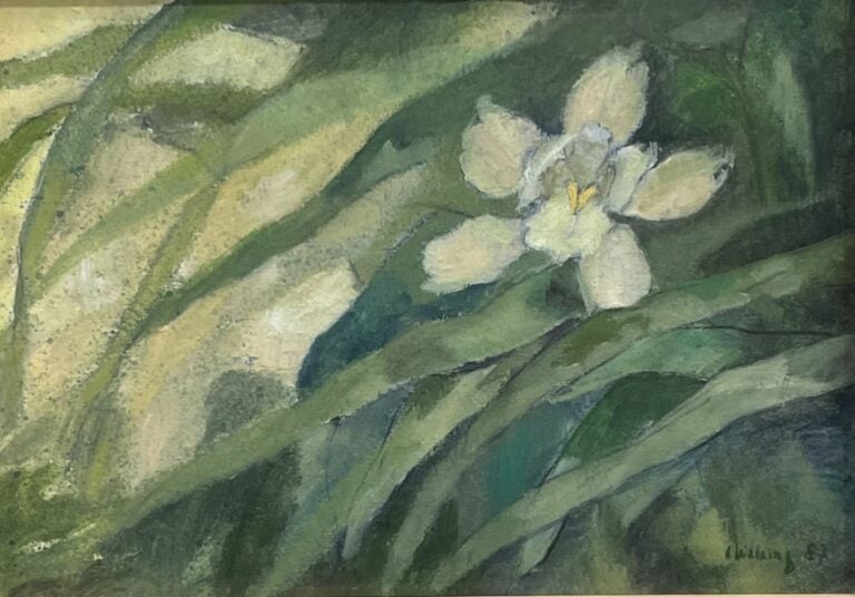 WILLEMS Katy - Fleurs d'Iris, 1987 - Technique mixte sur papier - 17 x 23,5 cm