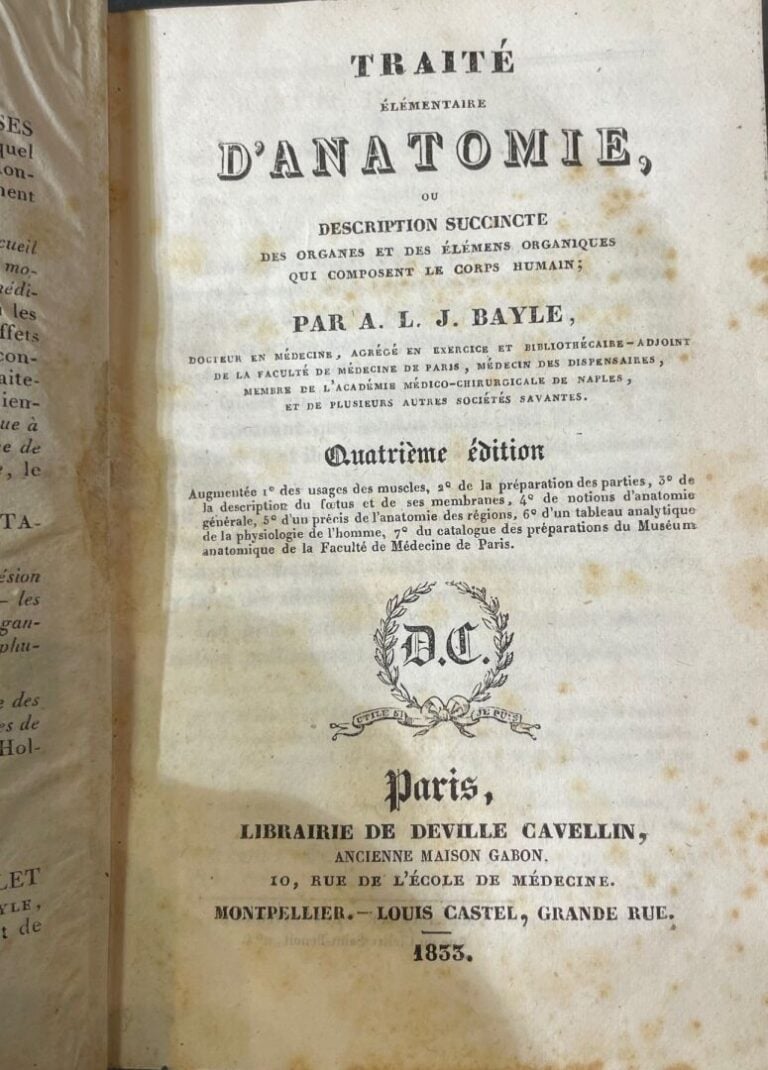BAYLE (A.L.J.) - Traité Elémentaire d'Anatomie, ou Description succincte des Or…