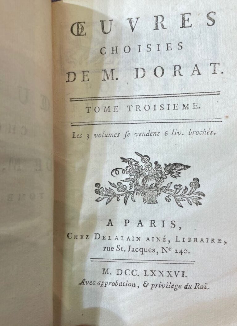 DORAT : - Oeuvres choisies. - Paris Delalain aîné 1786. - 3 vol. in-18. Pleine…