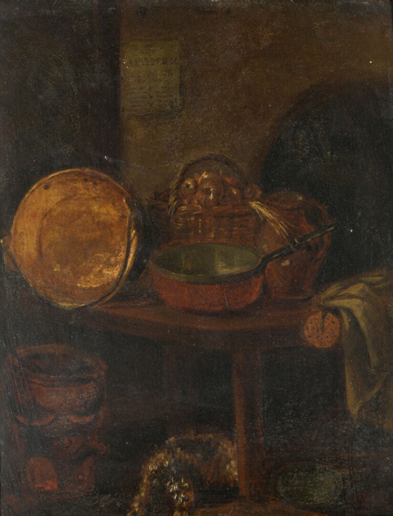 Ecole du XIXe siècle - Nature morte à la casserole en cuivre - Huile sur pannea…