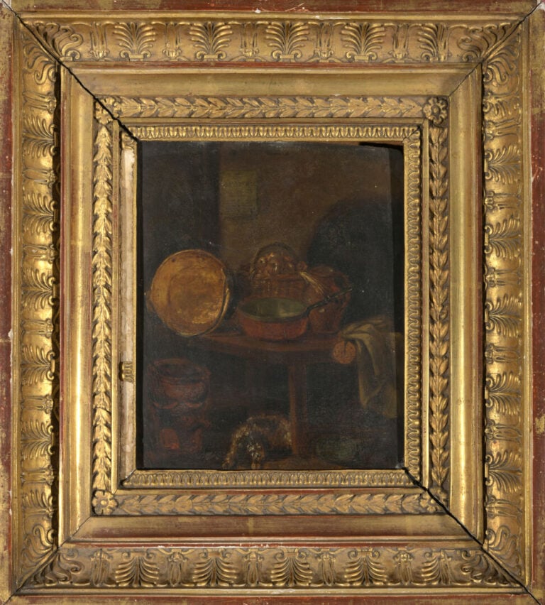 Ecole du XIXe siècle - Nature morte à la casserole en cuivre - Huile sur pannea…