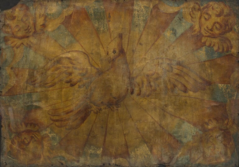 École XIXème. - Oiseau et les anges, - Huile sur toile, sans châssis, accidents…