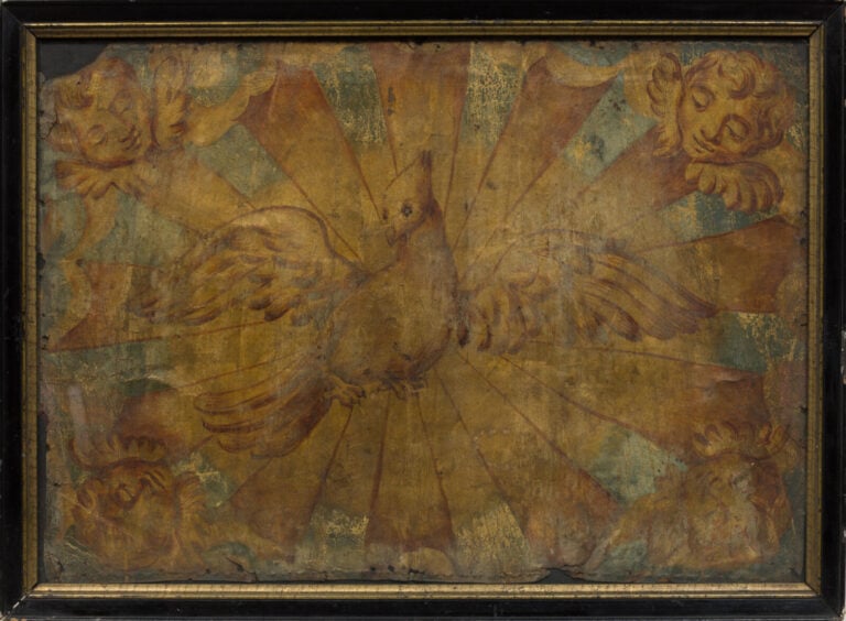 École XIXème. - Oiseau et les anges, - Huile sur toile, sans châssis, accidents…