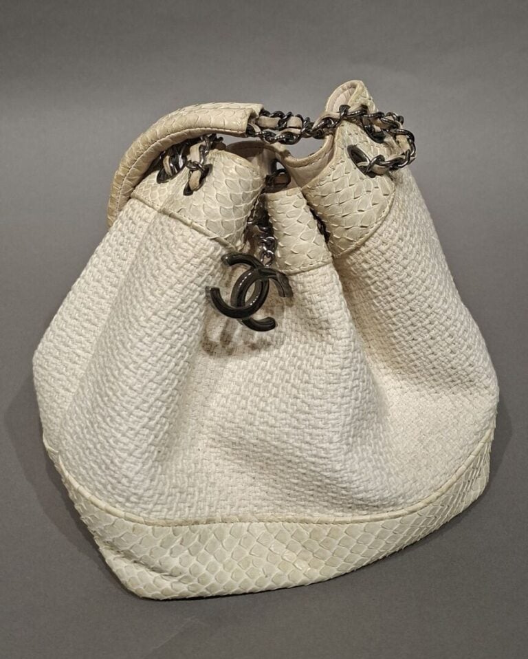 CHANEL - Sac bourse en tissu tweed blanc et python crème, porté épaule, anse ch…