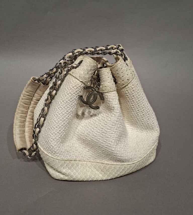 CHANEL - Sac bourse en tissu tweed blanc et python crème, porté épaule, anse ch…