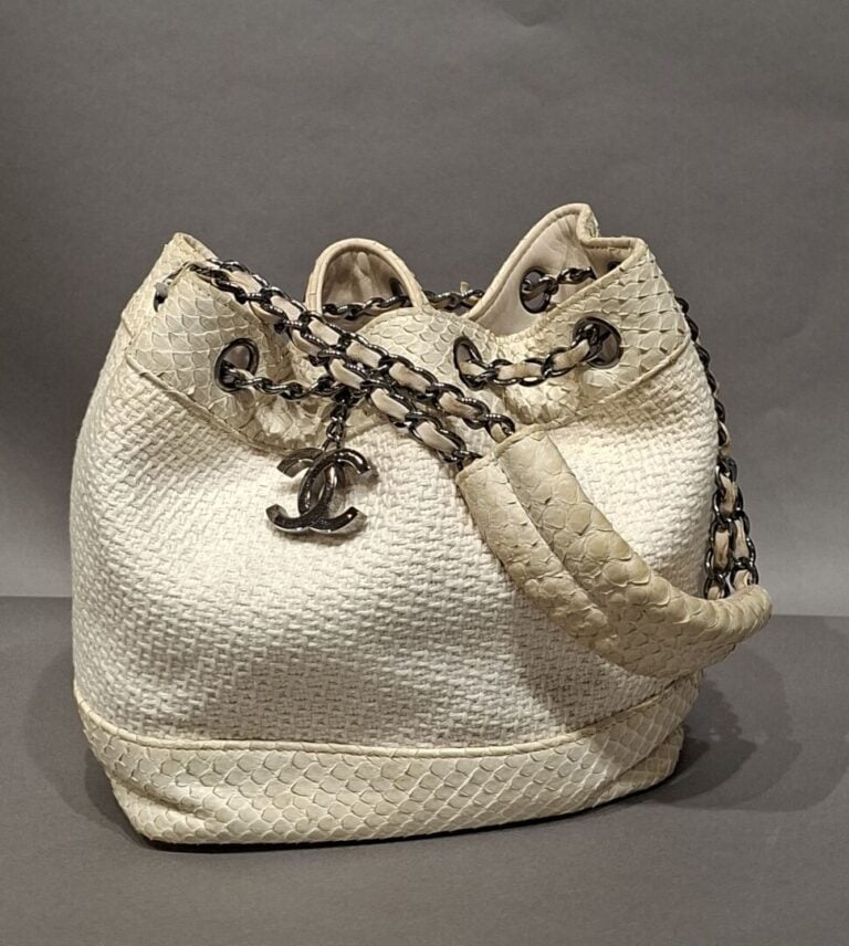 CHANEL - Sac bourse en tissu tweed blanc et python crème, porté épaule, anse ch…