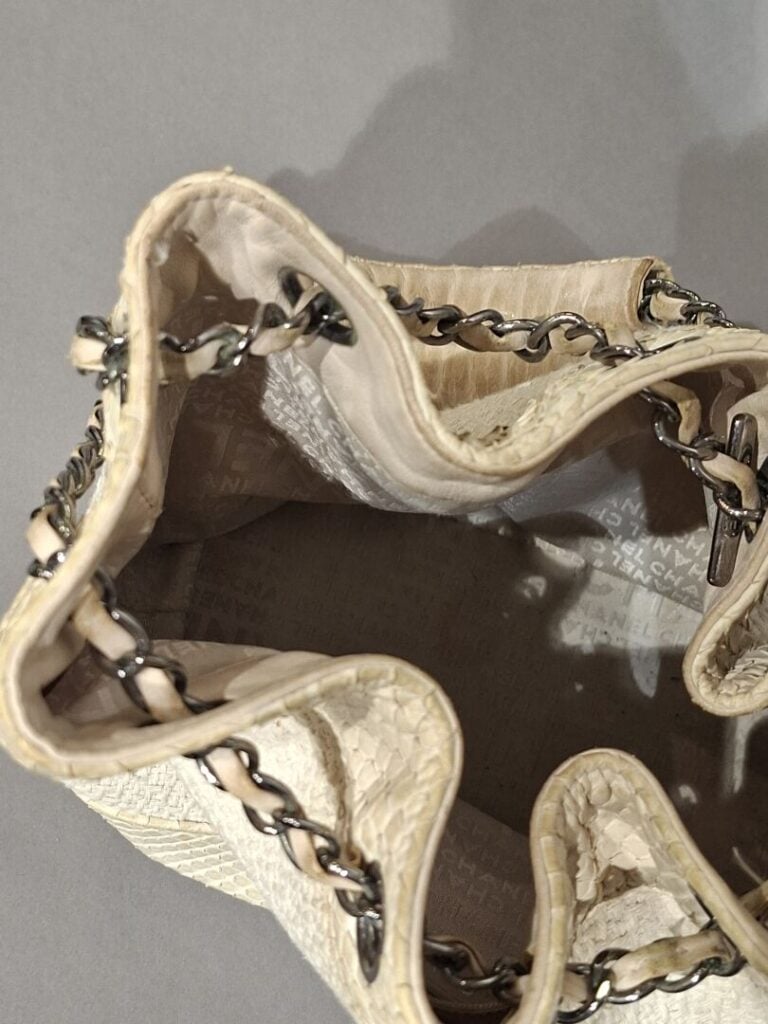 CHANEL - Sac bourse en tissu tweed blanc et python crème, porté épaule, anse ch…