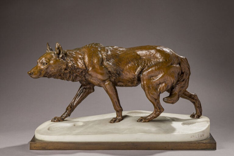 Charles VALTON (1851-1918) - "Loup dans la neige poursuivant le chasseur" - Scu…