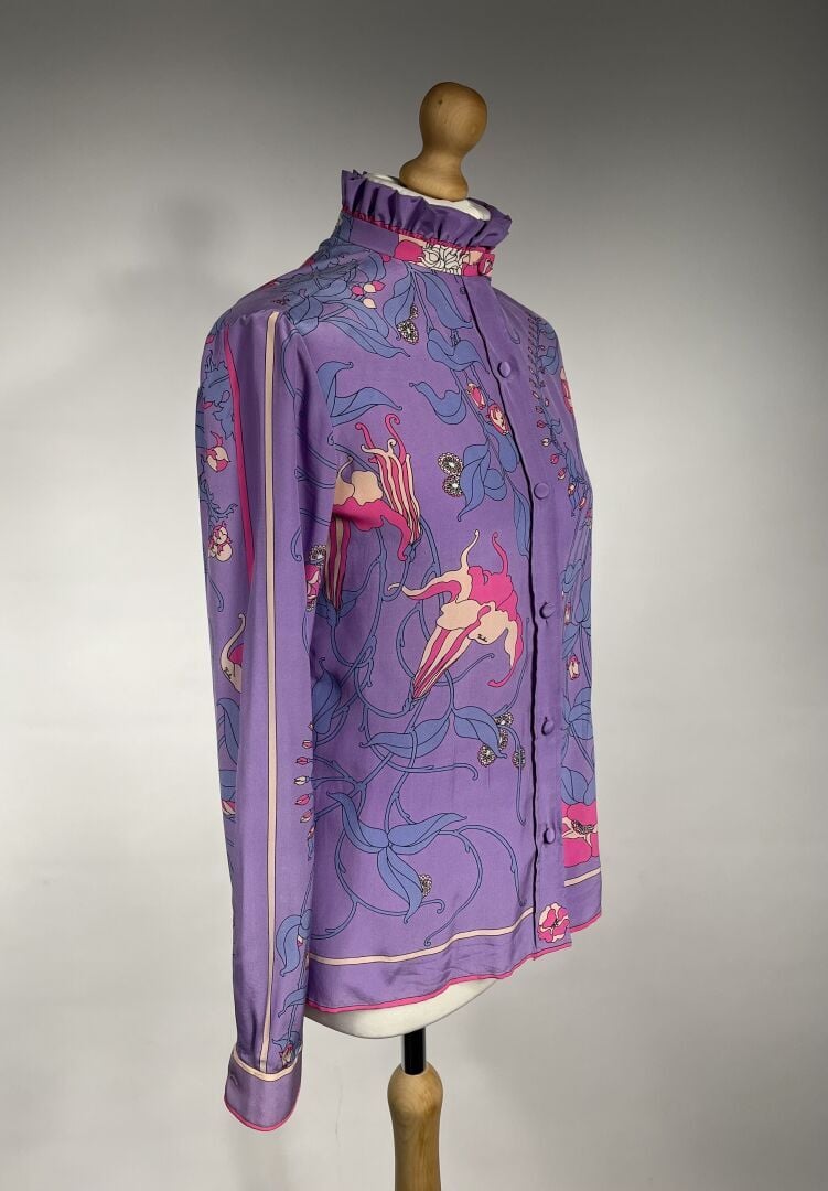 EMILIO PUCCI - Chemisier en crêpe de soie imprimé à motif de fleurs roses, blan…