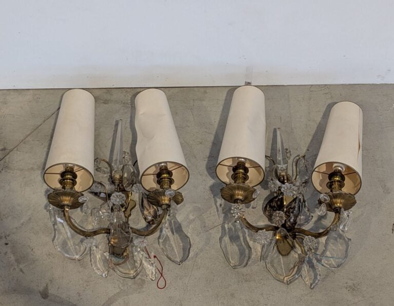 Grande Paire d'appliques murales à deux bras de lumières en bronze doré agrémen…