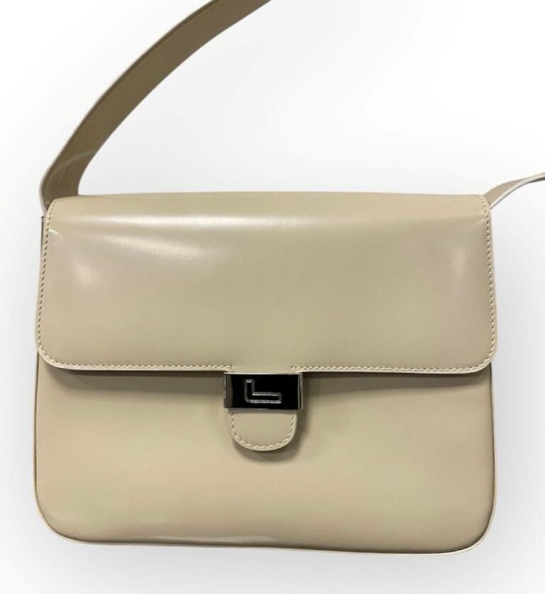 LANCEL Paris - Sac à main/épaule en cuir crème - Intérieur en tissu - 18 x 24 c…