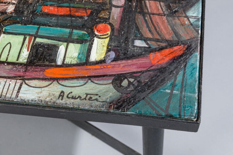 A.CURTEI (XXème) - Table basse, plateau rectangulaire en grès peint à décor de… maison de vente aux encheres commissaire-priseur auction house boisgirard antonini