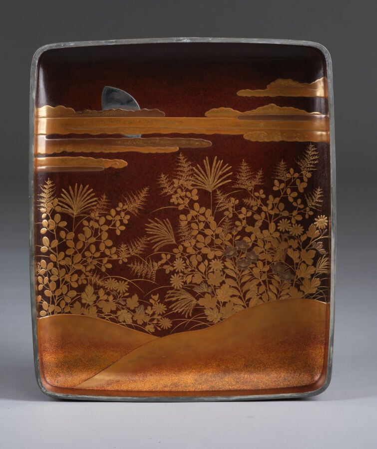 Boîte à documents bunko 文庫 en laque décorée de cailles et d'herbes d'automne. -…