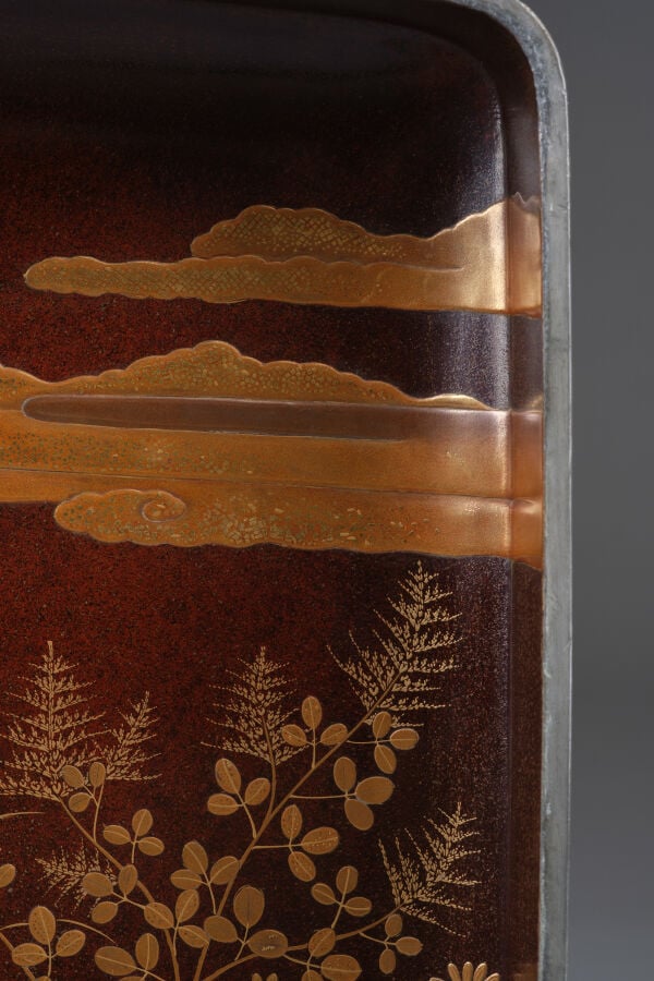 Boîte à documents bunko 文庫 en laque décorée de cailles et d'herbes d'automne. -…