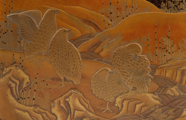 Boîte à documents bunko 文庫 en laque décorée de cailles et d'herbes d'automne. -…