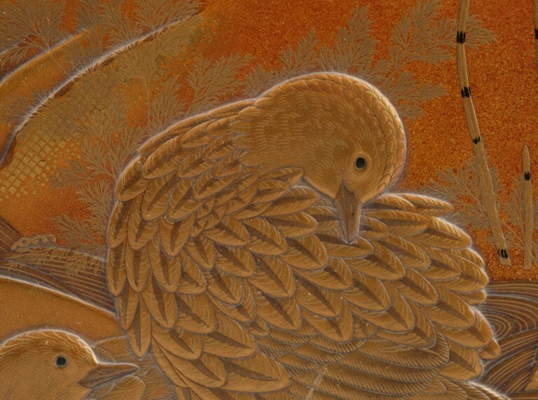 Boîte à documents bunko 文庫 en laque décorée de cailles et d'herbes d'automne. -…