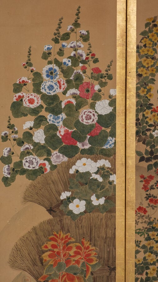 Grand paravent 屏 風 à six panneaux présentant six peintures 掛 け 軸, à décor de fl… Vente aux encheres – Auction House – Commissaire-priseur – Auctioneer - Boisgirard Antonini – Paris – Nice