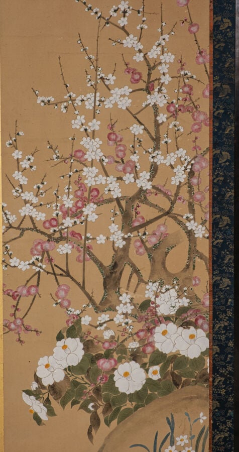 Grand paravent 屏 風 à six panneaux présentant six peintures 掛 け 軸, à décor de fl… Vente aux encheres – Auction House – Commissaire-priseur – Auctioneer - Boisgirard Antonini – Paris – Nice