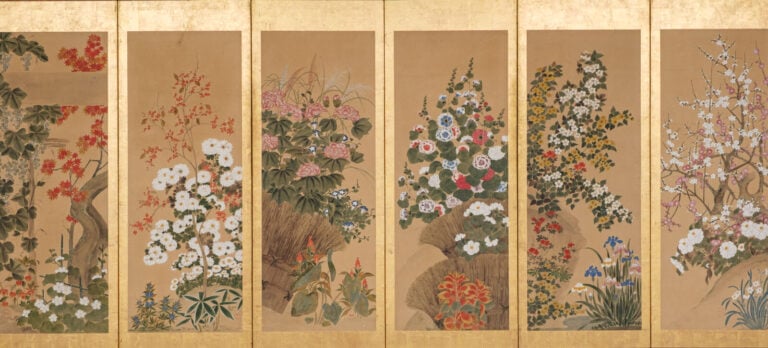 Grand paravent 屏 風 à six panneaux présentant six peintures 掛 け 軸, à décor de fl… Vente aux encheres – Auction House – Commissaire-priseur – Auctioneer - Boisgirard Antonini – Paris – Nice
