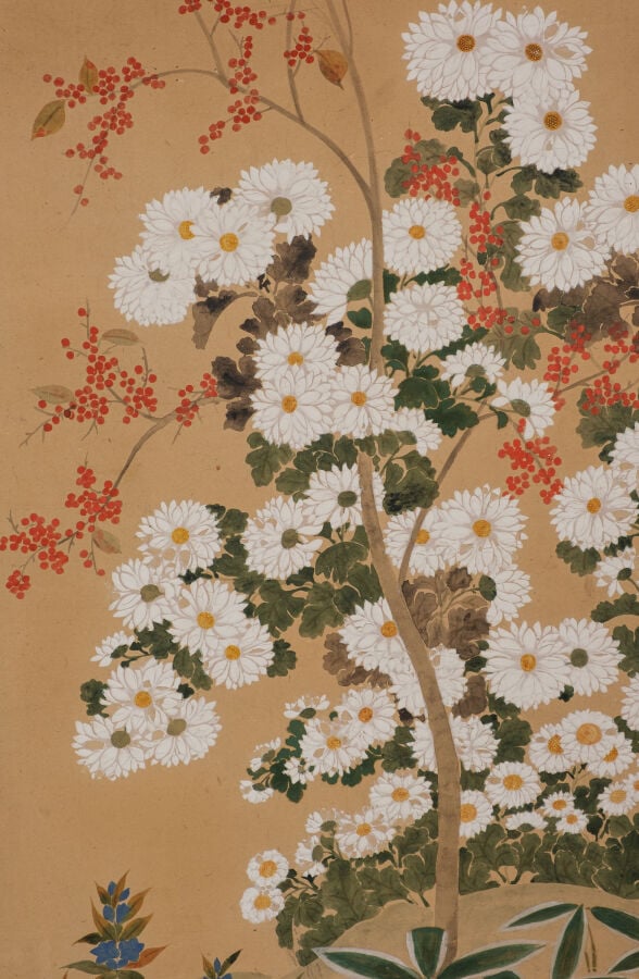 Grand paravent 屏 風 à six panneaux présentant six peintures 掛 け 軸, à décor de fl… Vente aux encheres – Auction House – Commissaire-priseur – Auctioneer - Boisgirard Antonini – Paris – Nice