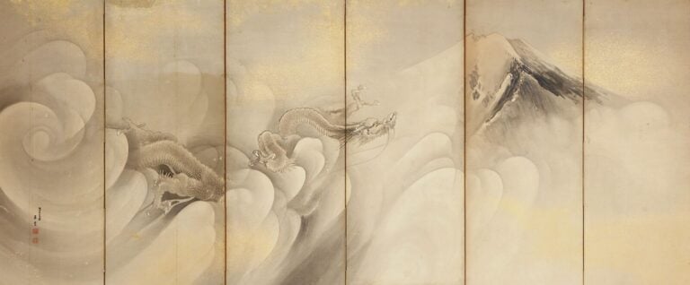 Grand paravent à six panneaux 屏風 (byôbu) peint à l'encre noire, à décor d'un dr… Vente aux encheres – Auction House – Commissaire-priseur – Auctioneer - Boisgirard Antonini – Paris – Nice