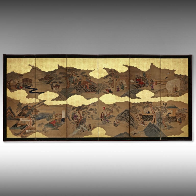 Grand paravent à six-panneaux byôbu 屏 風 à décor de douze scènes illustrant des… Vente aux encheres – Auction House – Commissaire-priseur – Auctioneer - Boisgirard Antonini – Paris – Nice
