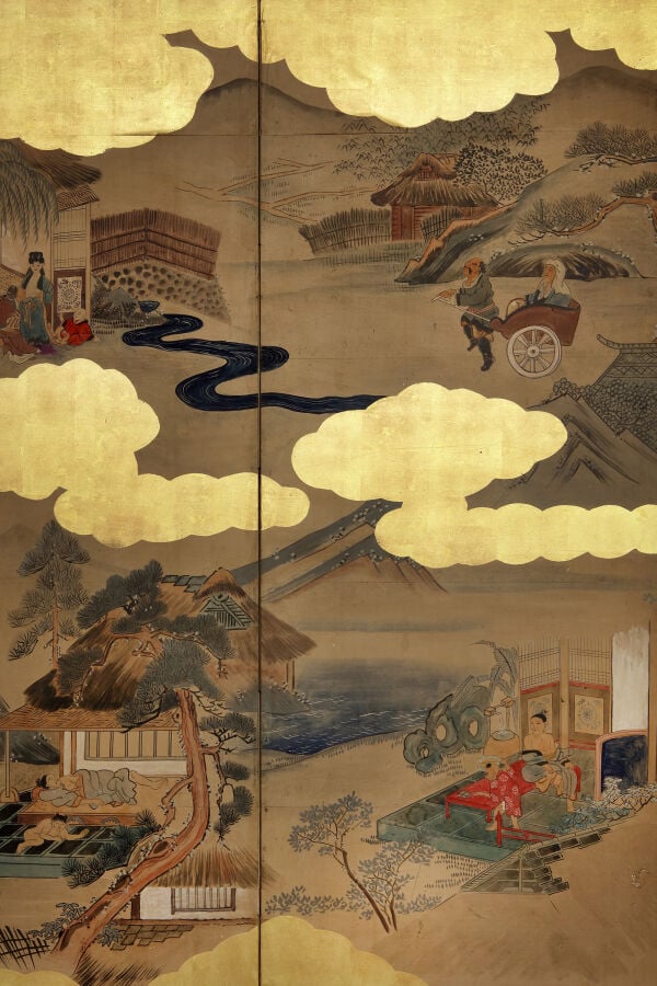 Grand paravent à six-panneaux byôbu 屏 風 à décor de douze scènes illustrant des… Vente aux encheres – Auction House – Commissaire-priseur – Auctioneer - Boisgirard Antonini – Paris – Nice