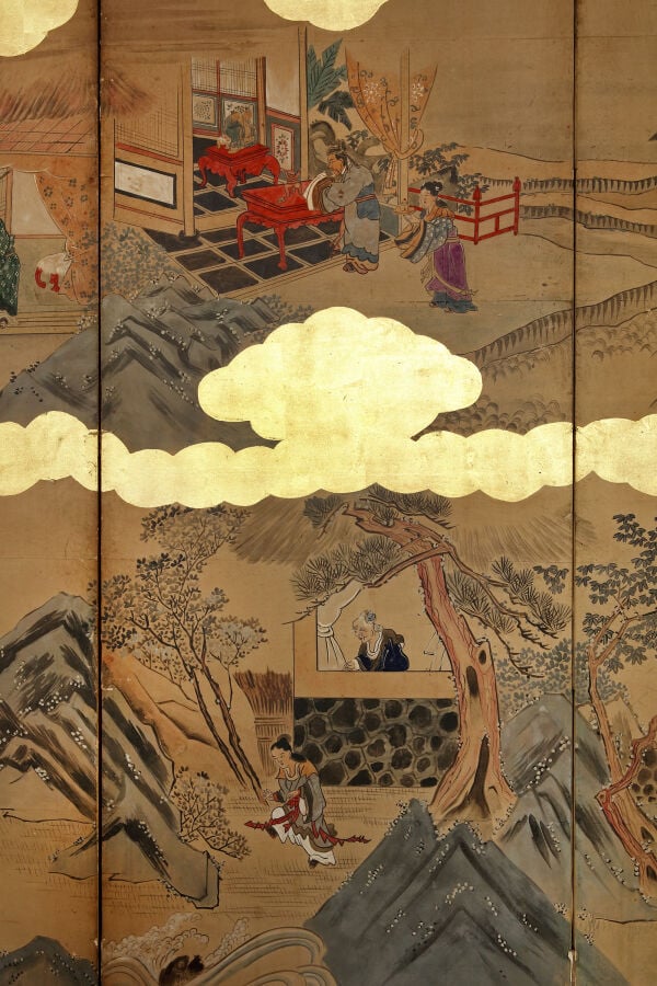 Grand paravent à six-panneaux byôbu 屏 風 à décor de douze scènes illustrant des… Vente aux encheres – Auction House – Commissaire-priseur – Auctioneer - Boisgirard Antonini – Paris – Nice