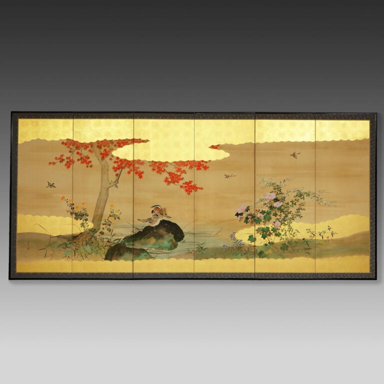 Grand paravent à six panneaux représentant un paysage d'automne peint dans le s… Vente aux encheres – Auction House – Commissaire-priseur – Auctioneer - Boisgirard Antonini – Paris – Nice