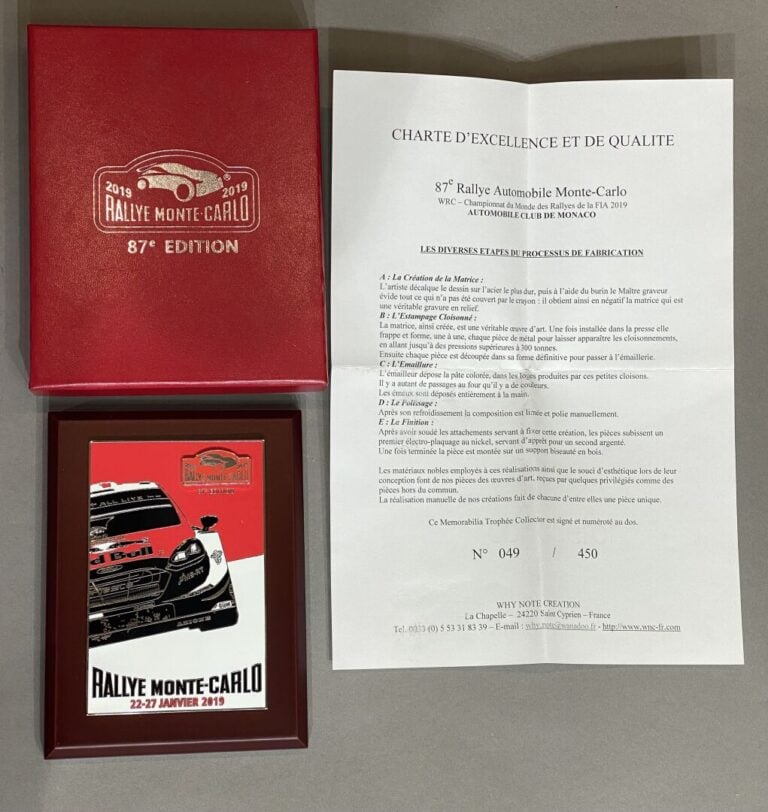 Lot Rallye Monte Carlo comprenant : - - 6 plaques souvenir Rallye Monte Carlo 2…