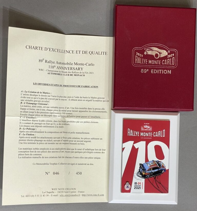 Lot Rallye Monte Carlo comprenant : - - 6 plaques souvenir Rallye Monte Carlo 2…