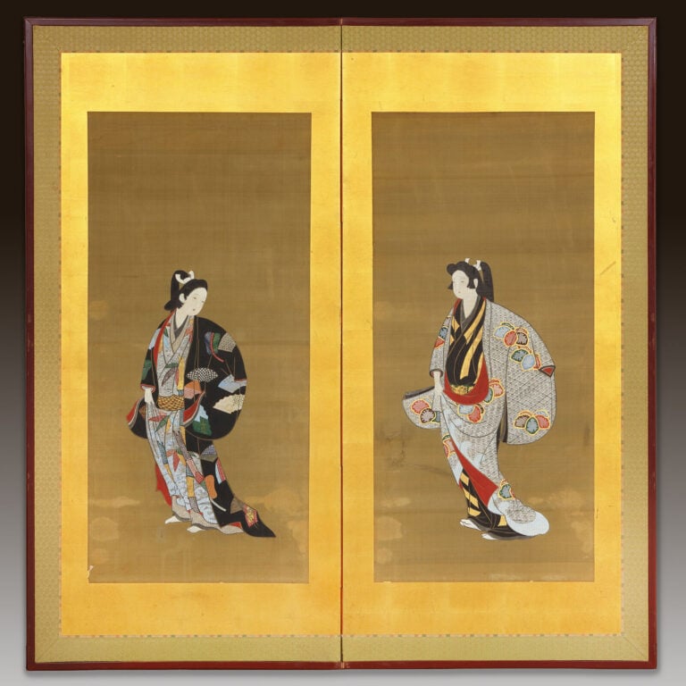 Paravent à deux panneaux à décor de deux femmes portant des kimonos. - Les femm… Vente aux encheres – Auction House – Commissaire-priseur – Auctioneer - Boisgirard Antonini – Paris – Nice