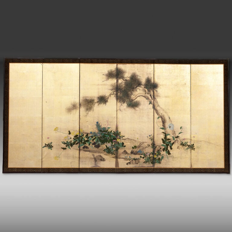 Paravent à six panneaux, à décor d'un grand pin incliné 松 (matsu) entouré de le… Vente aux encheres – Auction House – Commissaire-priseur – Auctioneer - Boisgirard Antonini – Paris – Nice