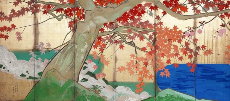 Paravent à six panneaux à décor d'un paysage d'automne ,sur fond de feuilles d'… Vente aux encheres – Auction House – Commissaire-priseur – Auctioneer - Boisgirard Antonini – Paris – Nice