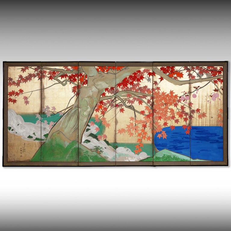 Paravent à six panneaux à décor d'un paysage d'automne ,sur fond de feuilles d'… Vente aux encheres – Auction House – Commissaire-priseur – Auctioneer - Boisgirard Antonini – Paris – Nice