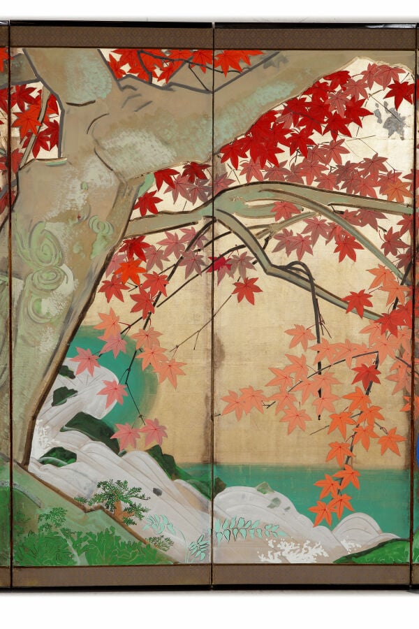 Paravent à six panneaux à décor d'un paysage d'automne ,sur fond de feuilles d'… Vente aux encheres – Auction House – Commissaire-priseur – Auctioneer - Boisgirard Antonini – Paris – Nice