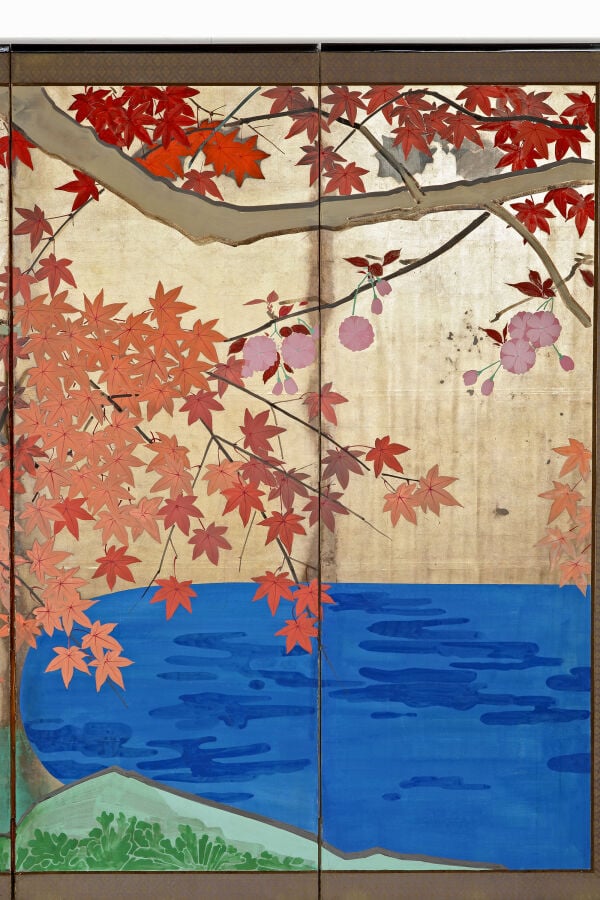 Paravent à six panneaux à décor d'un paysage d'automne ,sur fond de feuilles d'… Vente aux encheres – Auction House – Commissaire-priseur – Auctioneer - Boisgirard Antonini – Paris – Nice
