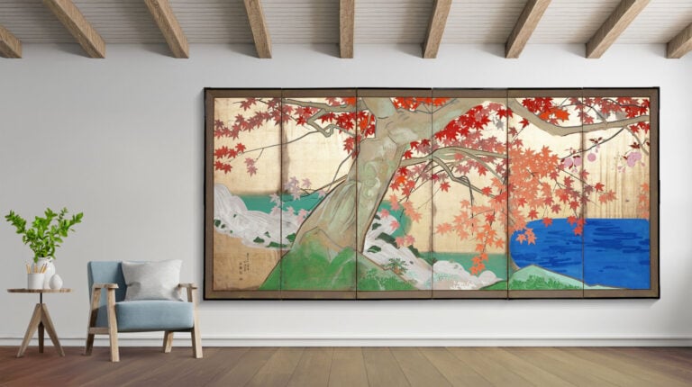 Paravent à six panneaux à décor d'un paysage d'automne ,sur fond de feuilles d'… Vente aux encheres – Auction House – Commissaire-priseur – Auctioneer - Boisgirard Antonini – Paris – Nice
