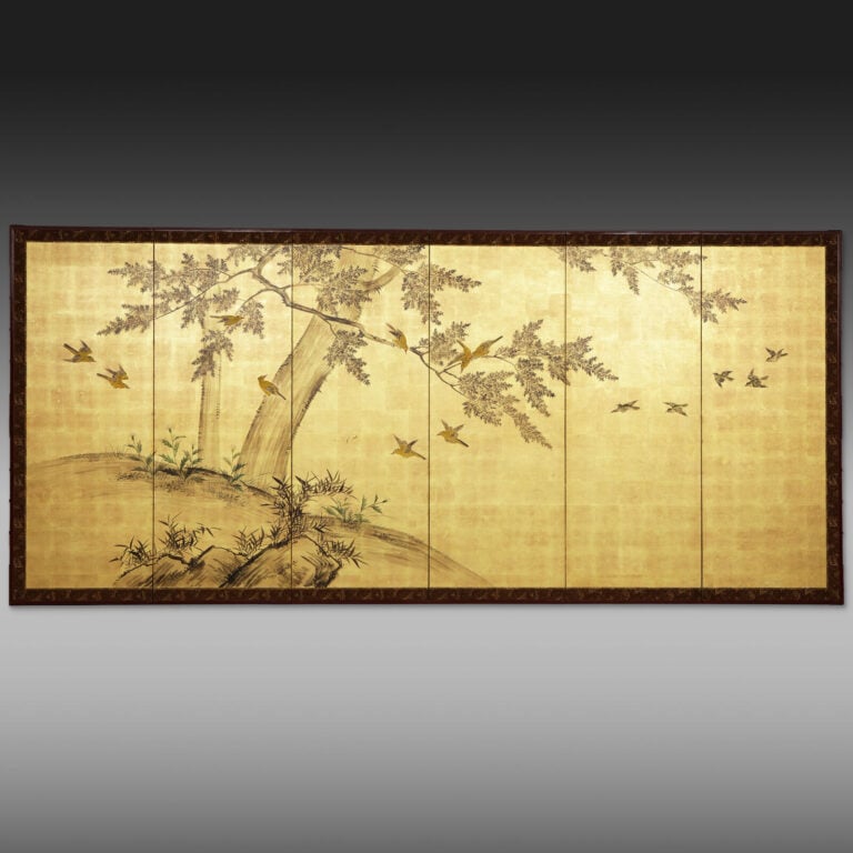 Paravent à six panneaux représentant une peinture sumi-e centrée sur un impress… Vente aux encheres – Auction House – Commissaire-priseur – Auctioneer - Boisgirard Antonini – Paris – Nice