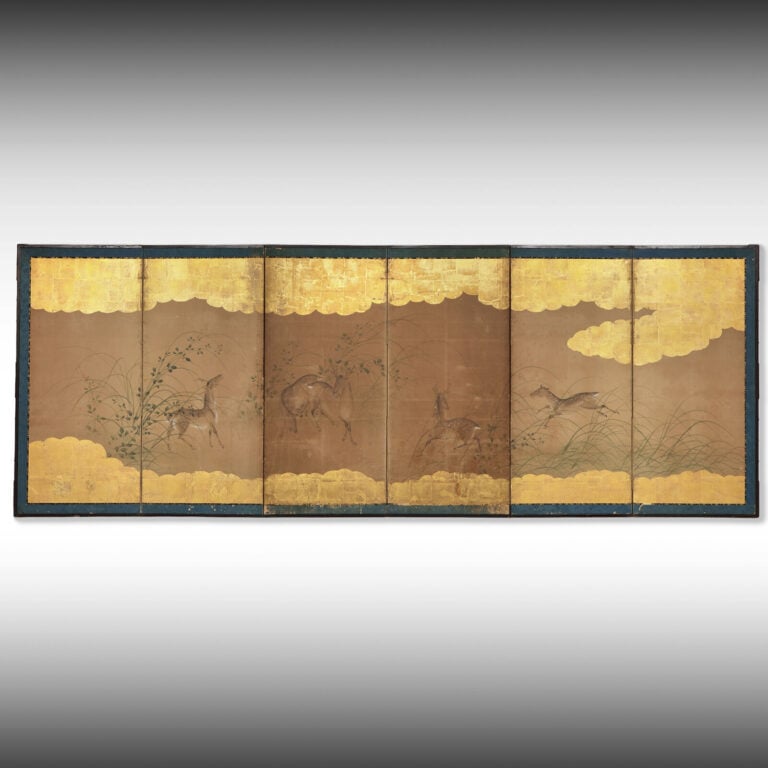 Paravent byôbu 屏 風 à six panneaux à décor d'un groupe de cerfs 鹿 (shika) couran… Vente aux encheres – Auction House – Commissaire-priseur – Auctioneer - Boisgirard Antonini – Paris – Nice