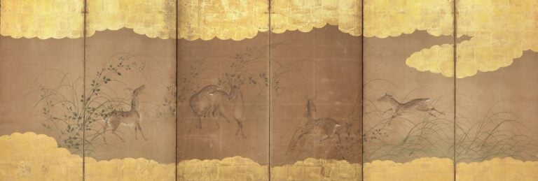 Paravent byôbu 屏 風 à six panneaux à décor d'un groupe de cerfs 鹿 (shika) couran… Vente aux encheres – Auction House – Commissaire-priseur – Auctioneer - Boisgirard Antonini – Paris – Nice