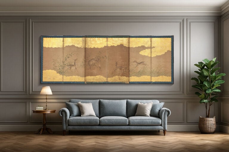 Paravent byôbu 屏 風 à six panneaux à décor d'un groupe de cerfs 鹿 (shika) couran… Vente aux encheres – Auction House – Commissaire-priseur – Auctioneer - Boisgirard Antonini – Paris – Nice
