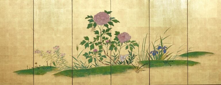 Paravent byôbu 屏 風 à six panneaux à décor d'un jardin de fleurs tranquille sur… Vente aux encheres – Auction House – Commissaire-priseur – Auctioneer - Boisgirard Antonini – Paris – Nice