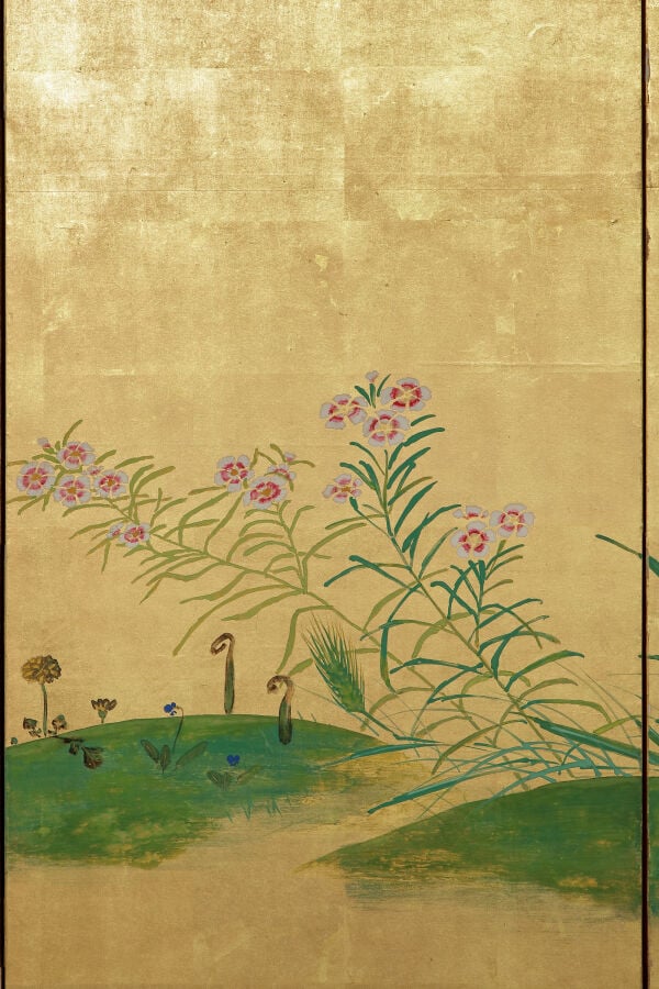 Paravent byôbu 屏 風 à six panneaux à décor d'un jardin de fleurs tranquille sur… Vente aux encheres – Auction House – Commissaire-priseur – Auctioneer - Boisgirard Antonini – Paris – Nice