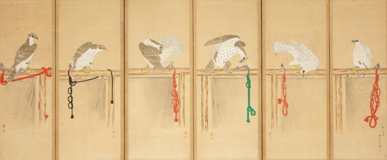 Paravent byôbu 屏 風 à six panneaux composé de six kakejiku 掛 け 軸 , chacune repré… Vente aux encheres – Auction House – Commissaire-priseur – Auctioneer - Boisgirard Antonini – Paris – Nice