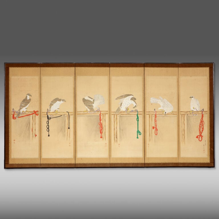Paravent byôbu 屏 風 à six panneaux composé de six kakejiku 掛 け 軸 , chacune repré… Vente aux encheres – Auction House – Commissaire-priseur – Auctioneer - Boisgirard Antonini – Paris – Nice