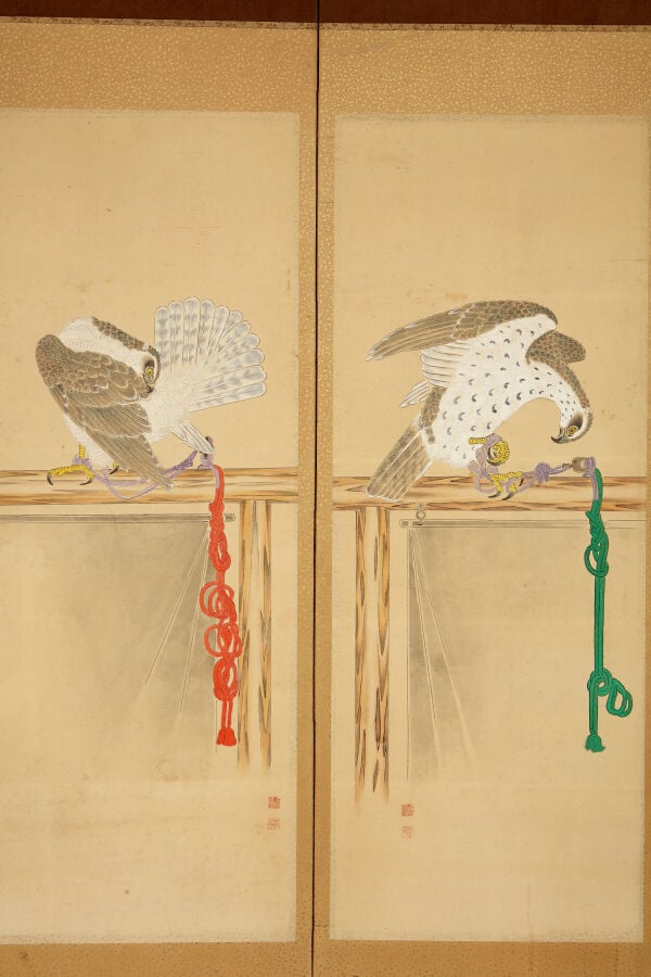 Paravent byôbu 屏 風 à six panneaux composé de six kakejiku 掛 け 軸 , chacune repré… Vente aux encheres – Auction House – Commissaire-priseur – Auctioneer - Boisgirard Antonini – Paris – Nice