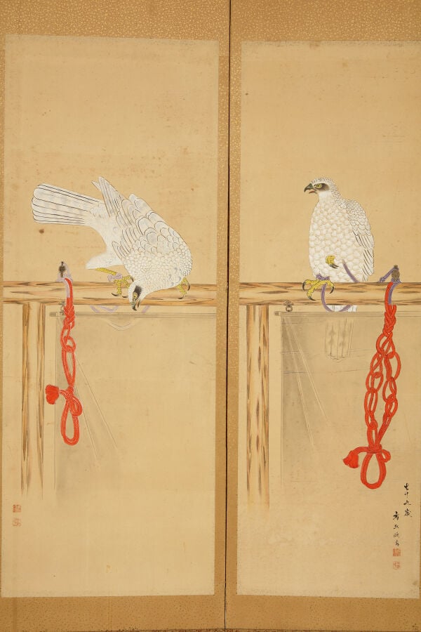 Paravent byôbu 屏 風 à six panneaux composé de six kakejiku 掛 け 軸 , chacune repré… Vente aux encheres – Auction House – Commissaire-priseur – Auctioneer - Boisgirard Antonini – Paris – Nice